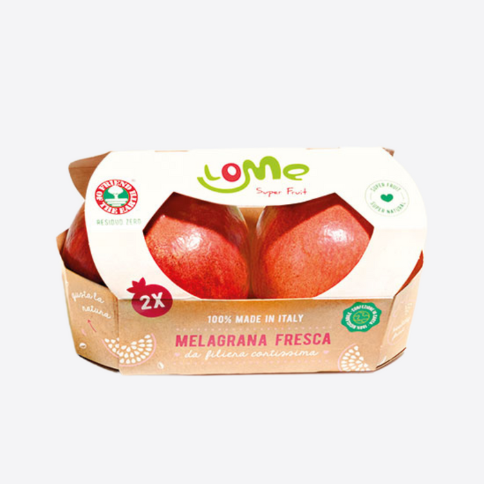 Barquette carton avec fenêtre pour grenades fraîches, emballage alimentaire retail-ready pour export et import, conforme aux standards européens et food grade