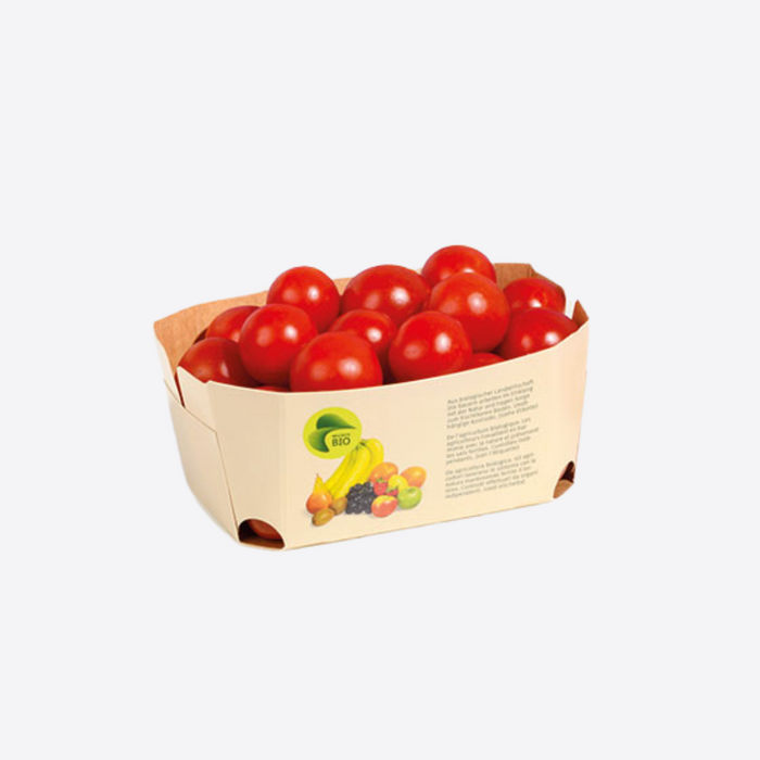 Barquette carton pour tomates cerises bio, emballage écologique pour export et import de fruits et légumes, conforme aux exigences food grade
