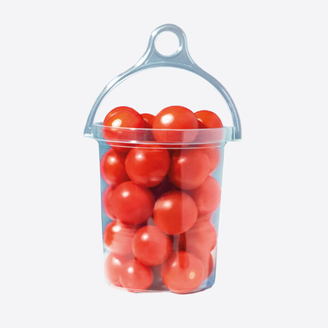 Pot plastique transparent avec poignée pour tomates cerises, emballage pratique pour export et import de fruits et légumes