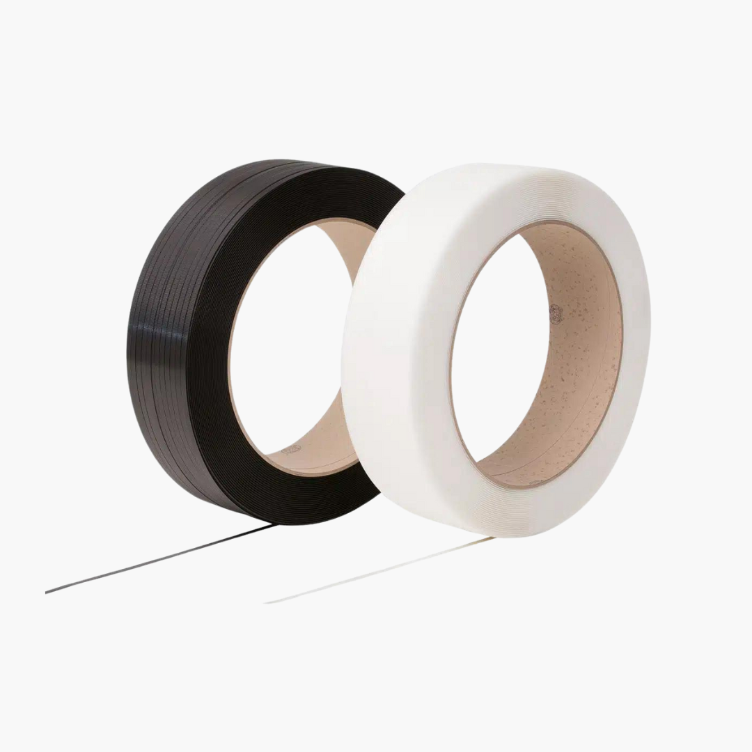 Rouleaux de feuillard plastique noir et blanc pour cerclage de colis