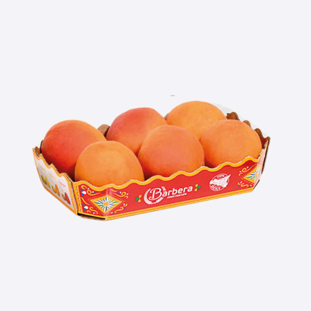 Barquette en carton imprimé pour abricots frais, emballage alimentaire adapté à l’export et import de fruits, conforme aux standards logistiques internationaux