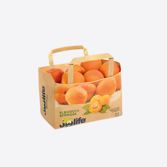 Barquette carton imprimée avec poignée pour abricots, packaging fruits pratique et attractif pour distribution