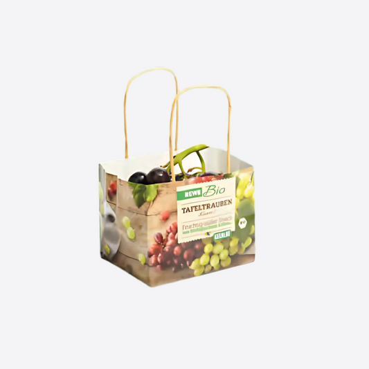 Barquette en carton bio pour raisins, emballage écologique avec design imprimé pour fruits frais