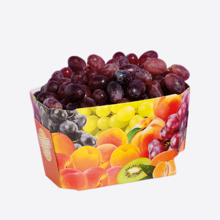 Barquette carton imprimée pour raisins, packaging attractif pour export et import de fruits frais, idéal pour distribution en grande surface.