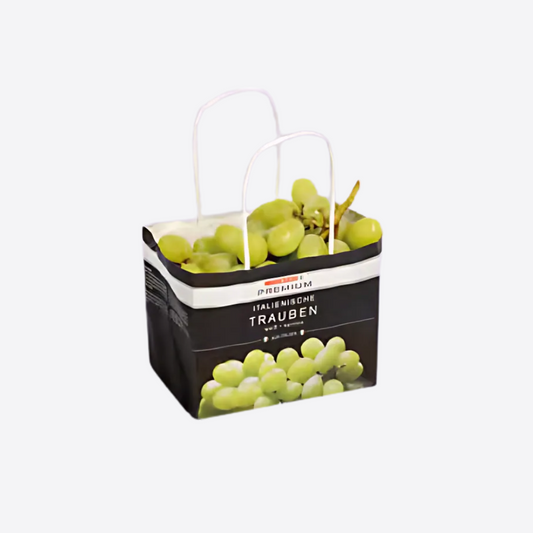 Emballage carton avec poignées pour raisins verts, barquette premium pour transport et présentation en magasin