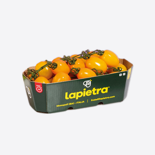 Barquette carton imprimée pour tomates jaunes, emballage premium pour export et import de fruits et légumes, adapté au retail européen