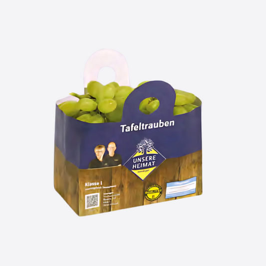 Barquette carton imprimée pour raisins de table, packaging alimentaire attractif avec poignée pour fruits frais