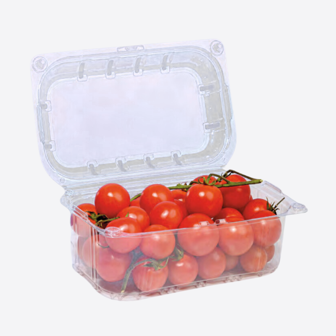 Barquette plastique avec couvercle à charnière pour tomates cerises, solution d’emballage pour export et import avec protection optimale