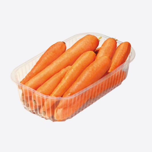 Barquette plastique transparente pour carottes fraîches, solution d’emballage pour export et import de légumes