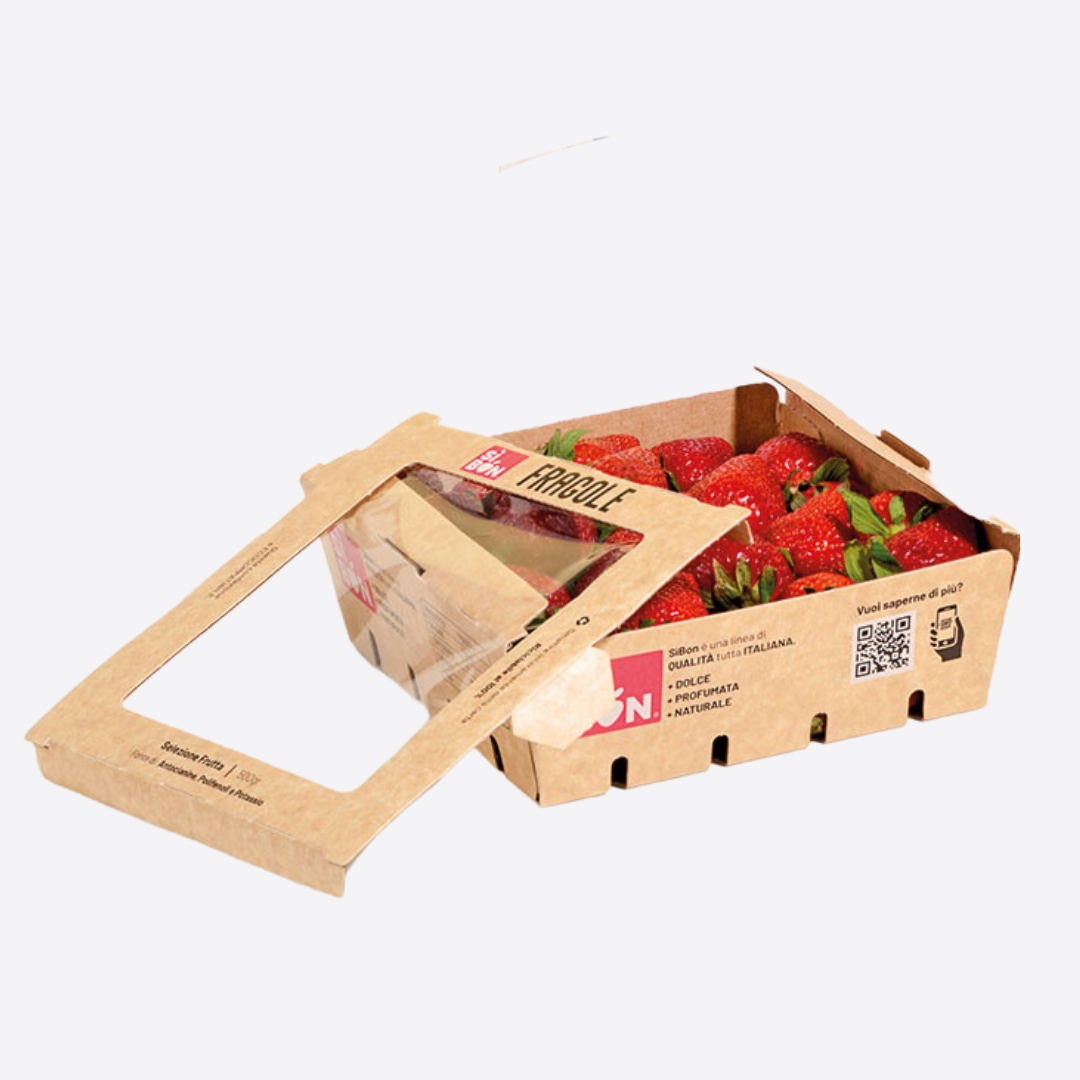 Caisse en carton avec couvercle et fenêtre pour fraises, solution d’emballage écologique pour export et import de fruits frais, adaptée aux marchés européens
