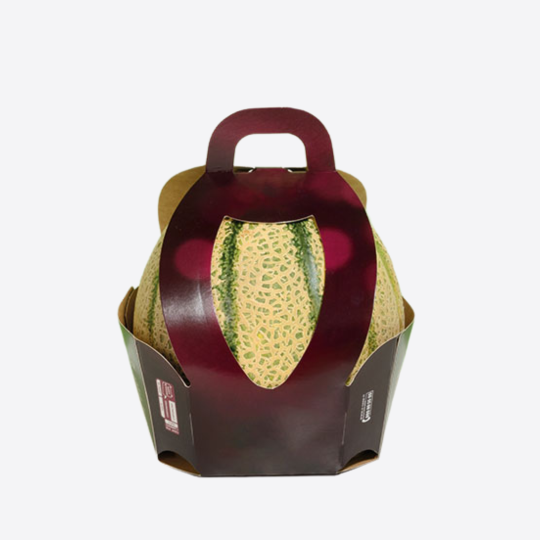 Panier en carton avec poignée pour melon, emballage premium pour export et import de fruits frais, solution pratique pour transport et présentation en grande distribution