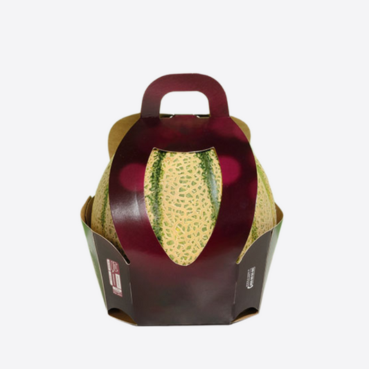 Panier en carton avec poignée pour melon, emballage premium pour export et import de fruits frais, solution pratique pour transport et présentation en grande distribution