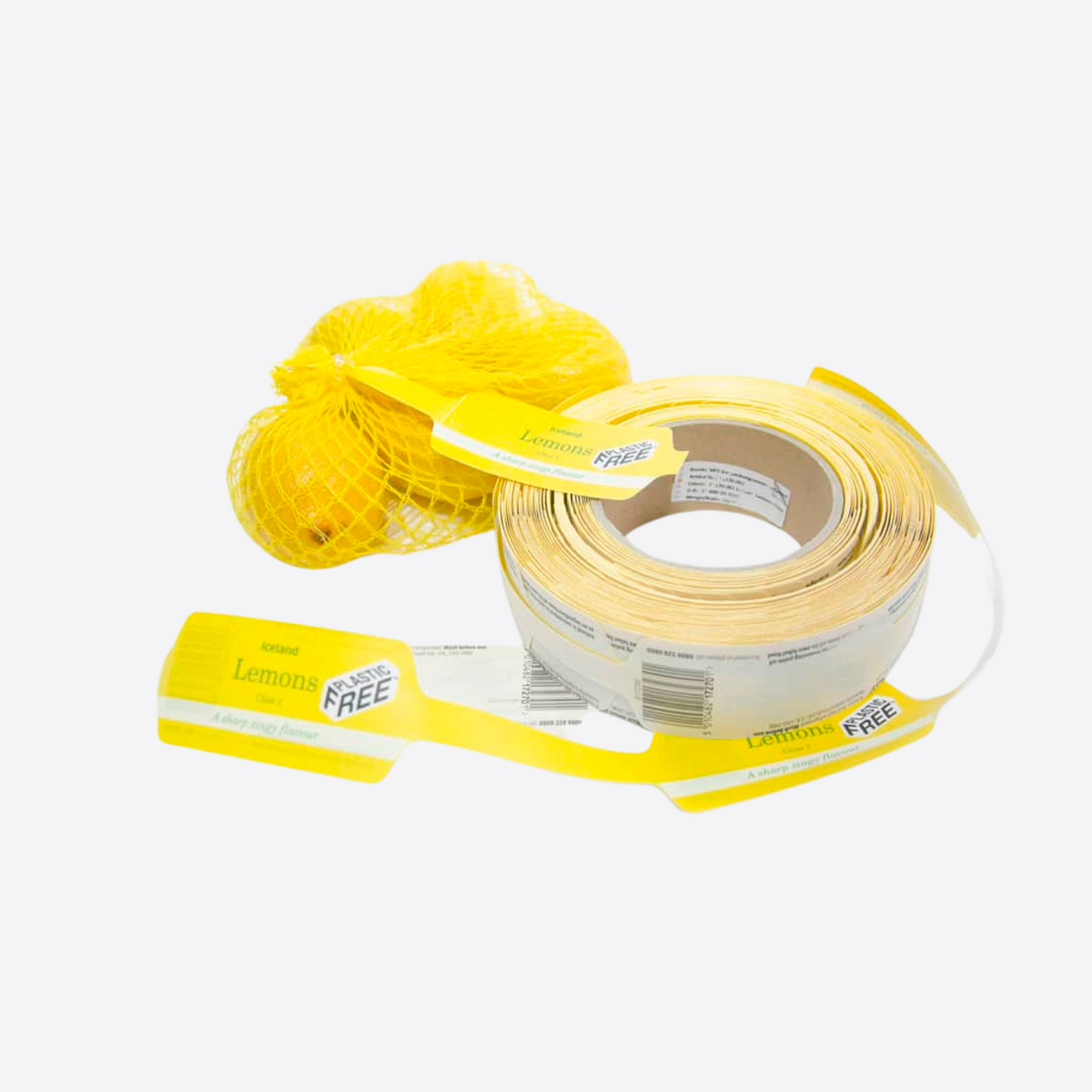 Étiquettes écologiques pour fruits avec filet de citrons, solution d’emballage sans plastique pour produits frais